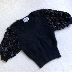 80s Vtg Black Puffy Ribbon Sleeve Fuzzy Sweater